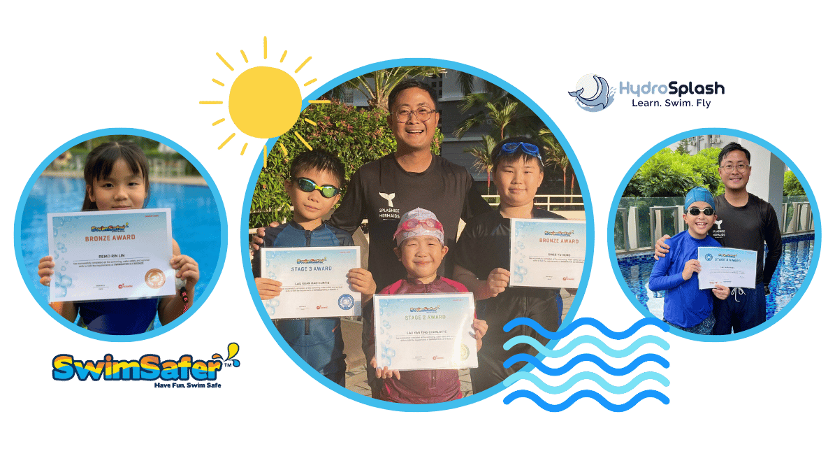 Swimming coach teaching child during SwimSafer lesson