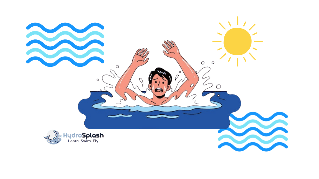 Nervous adult swimmer practising controlled breathing at the pool edge with a HydroSplash coach